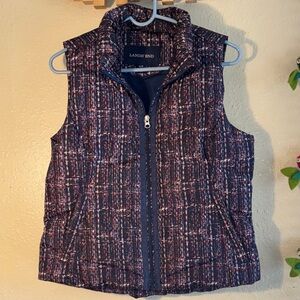 NWOT Lands' End women's down-fill puffer vest in a blue and pink tweed pattern.